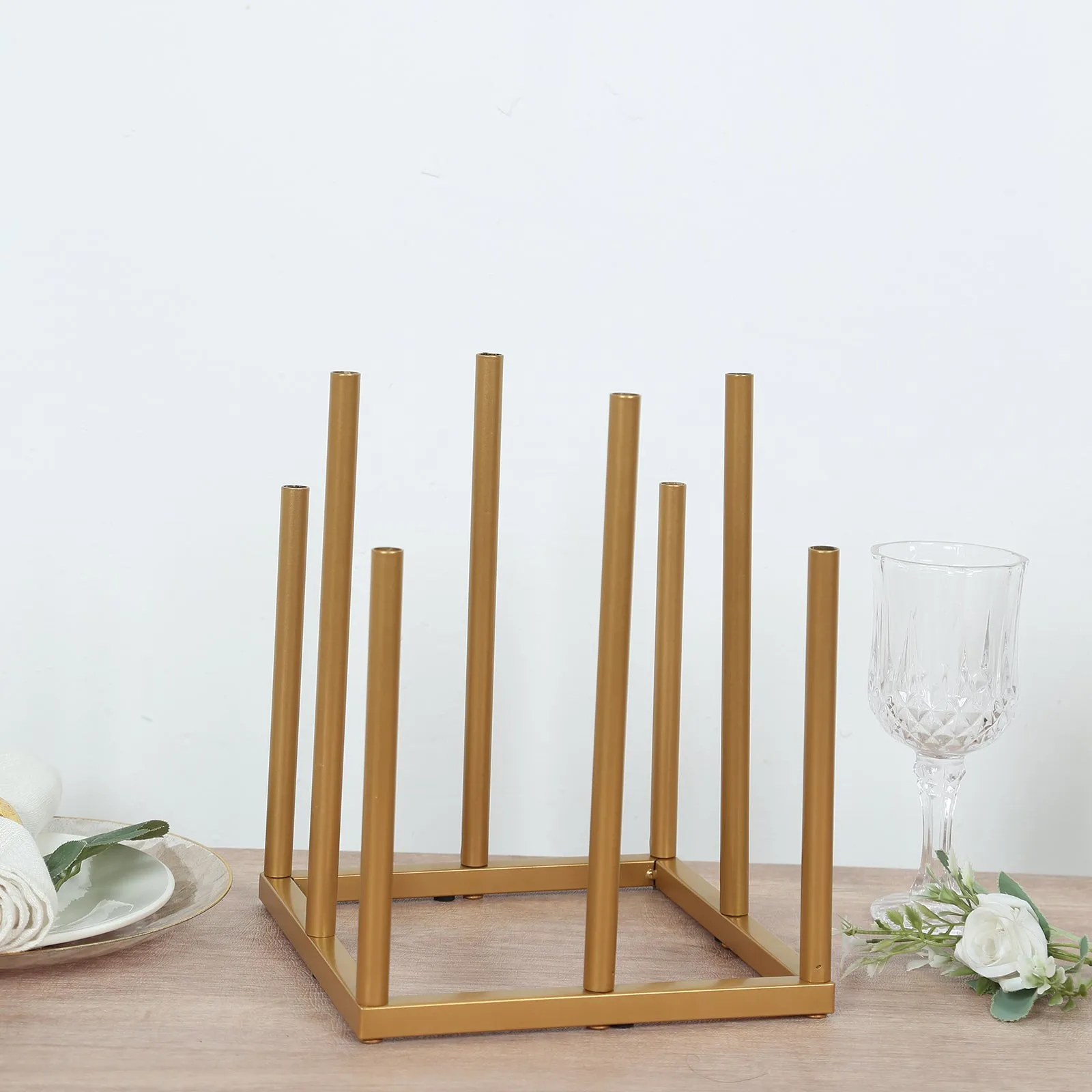 10" Gold Metal 8-Tubes Single Stemmed Flower Vase Centerpiece with Hollow Square Base, Minimalist Style Bud Vase For Floral Arrangements