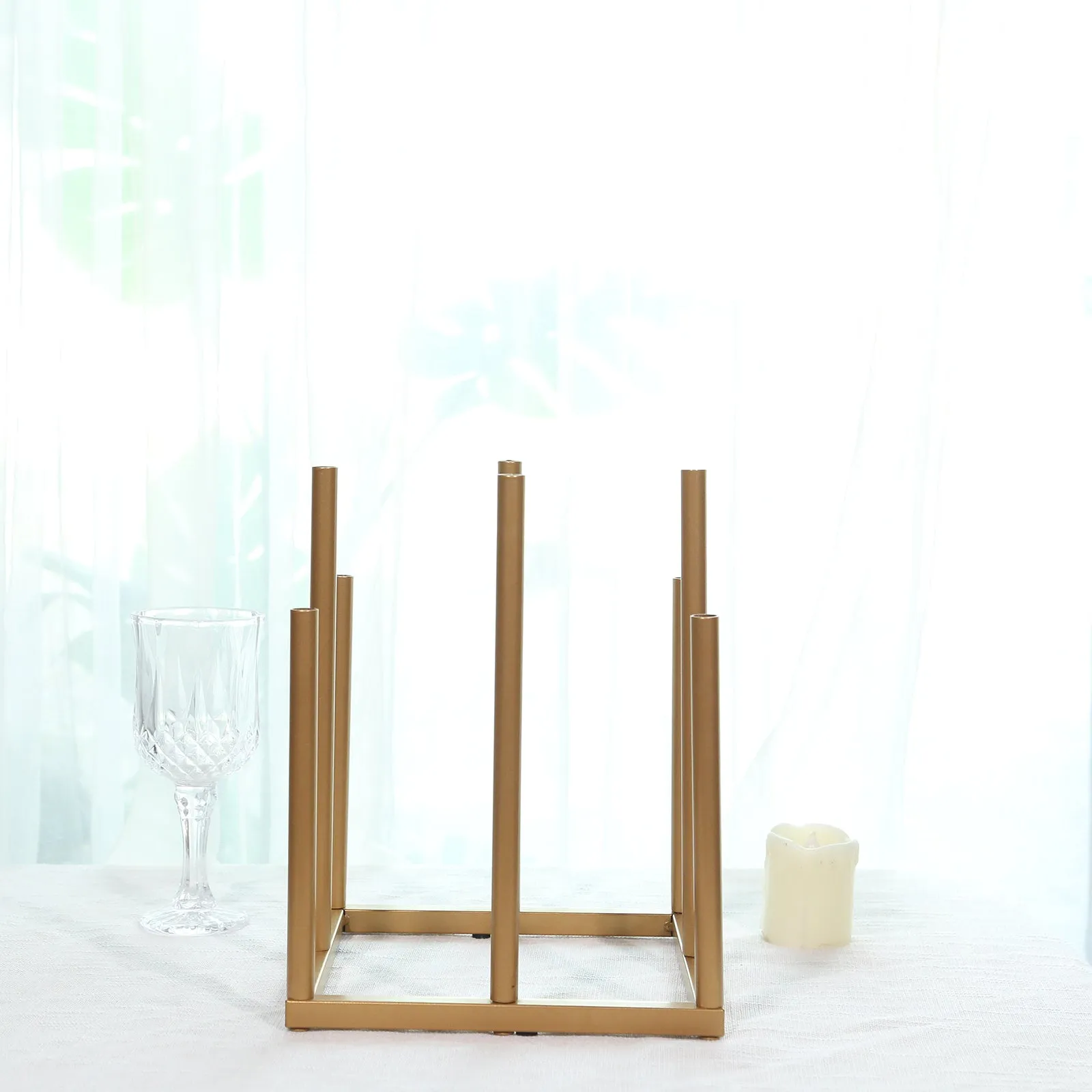 10" Gold Metal 8-Tubes Single Stemmed Flower Vase Centerpiece with Hollow Square Base, Minimalist Style Bud Vase For Floral Arrangements