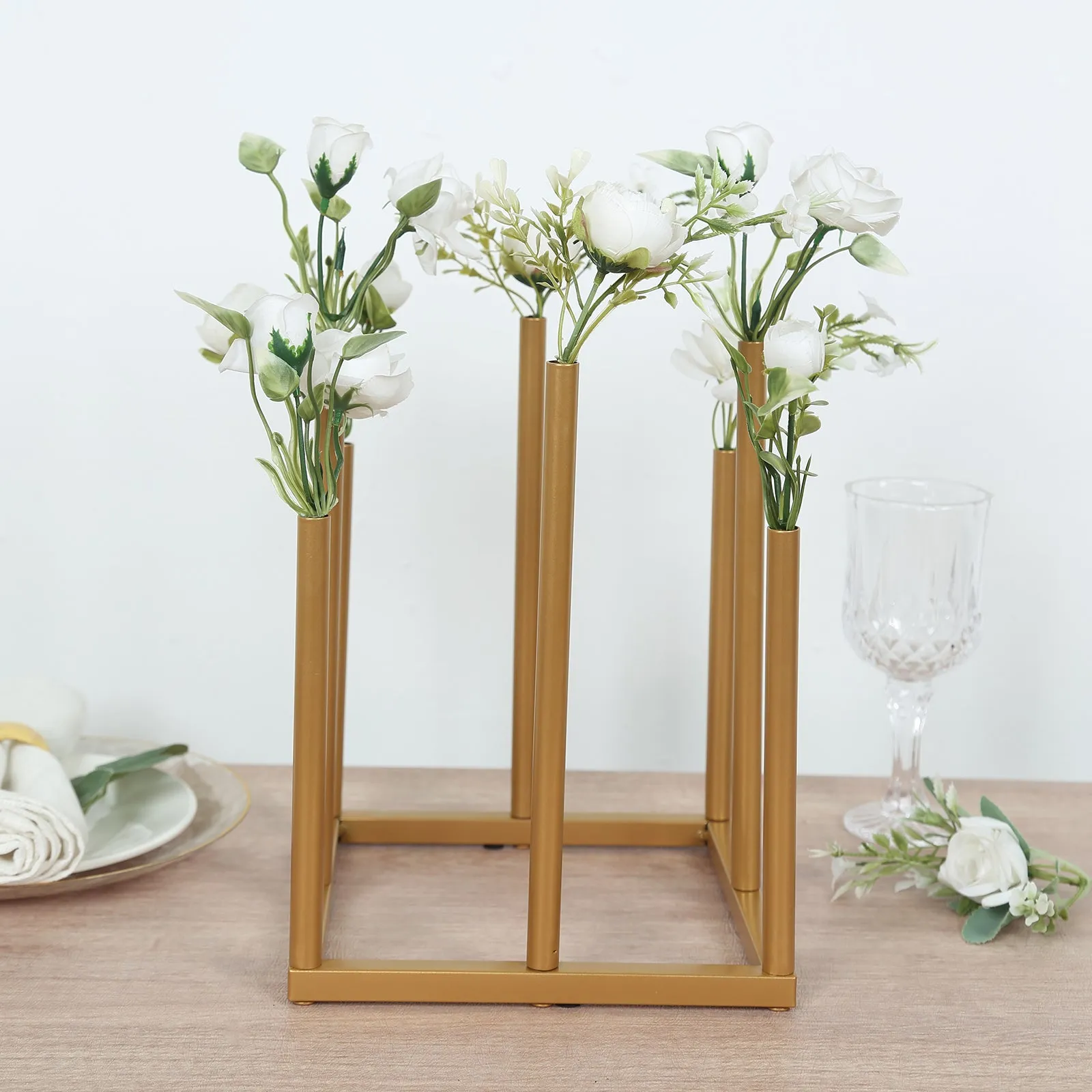 10" Gold Metal 8-Tubes Single Stemmed Flower Vase Centerpiece with Hollow Square Base, Minimalist Style Bud Vase For Floral Arrangements