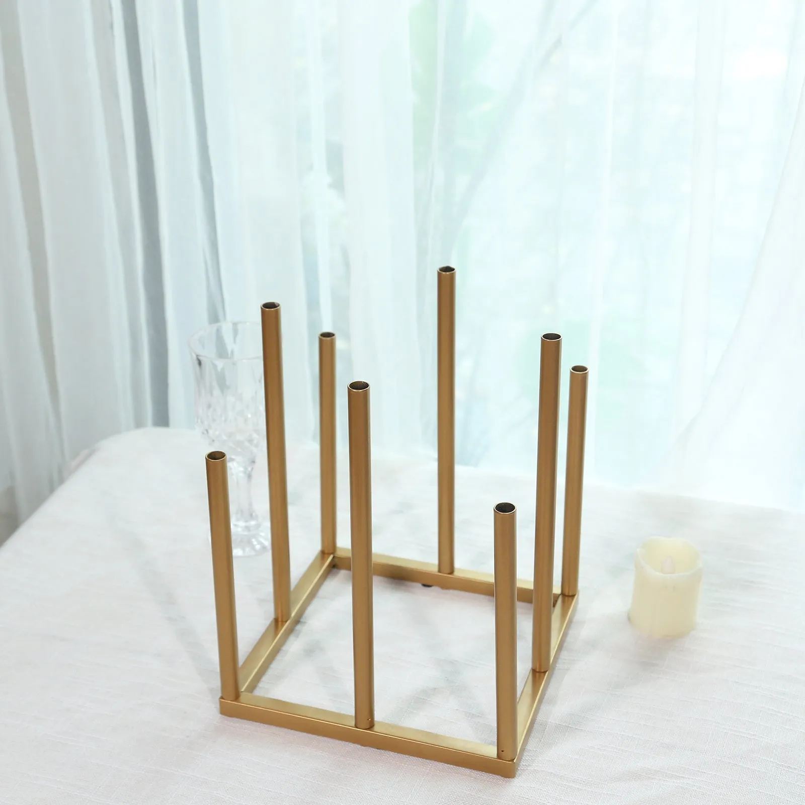 10" Gold Metal 8-Tubes Single Stemmed Flower Vase Centerpiece with Hollow Square Base, Minimalist Style Bud Vase For Floral Arrangements