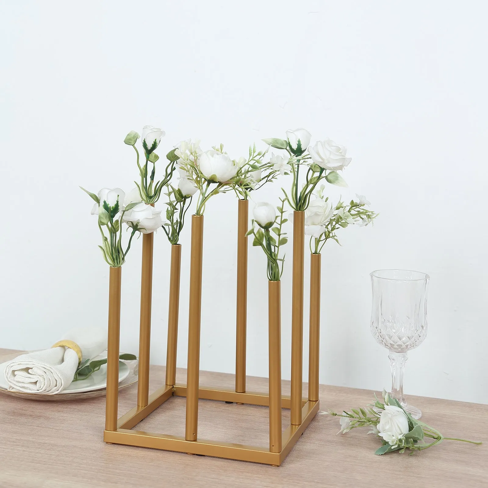 10" Gold Metal 8-Tubes Single Stemmed Flower Vase Centerpiece with Hollow Square Base, Minimalist Style Bud Vase For Floral Arrangements