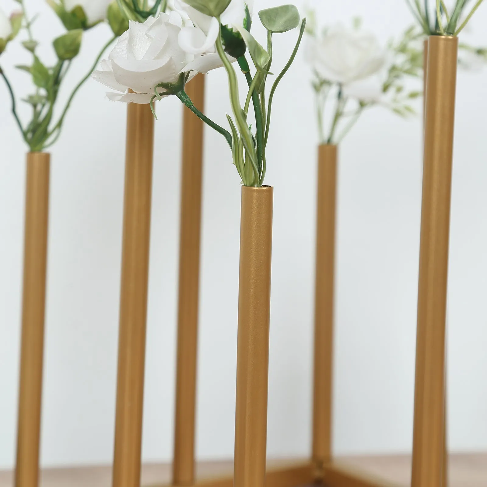 10" Gold Metal 8-Tubes Single Stemmed Flower Vase Centerpiece with Hollow Square Base, Minimalist Style Bud Vase For Floral Arrangements