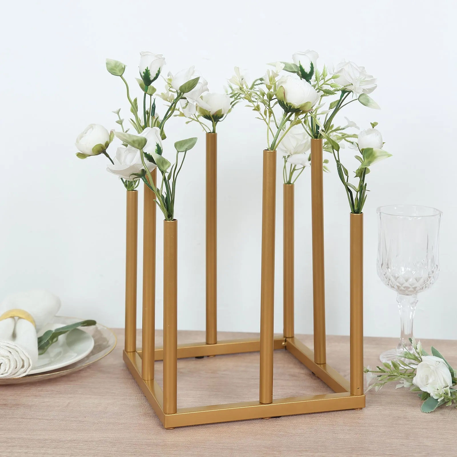 10" Gold Metal 8-Tubes Single Stemmed Flower Vase Centerpiece with Hollow Square Base, Minimalist Style Bud Vase For Floral Arrangements
