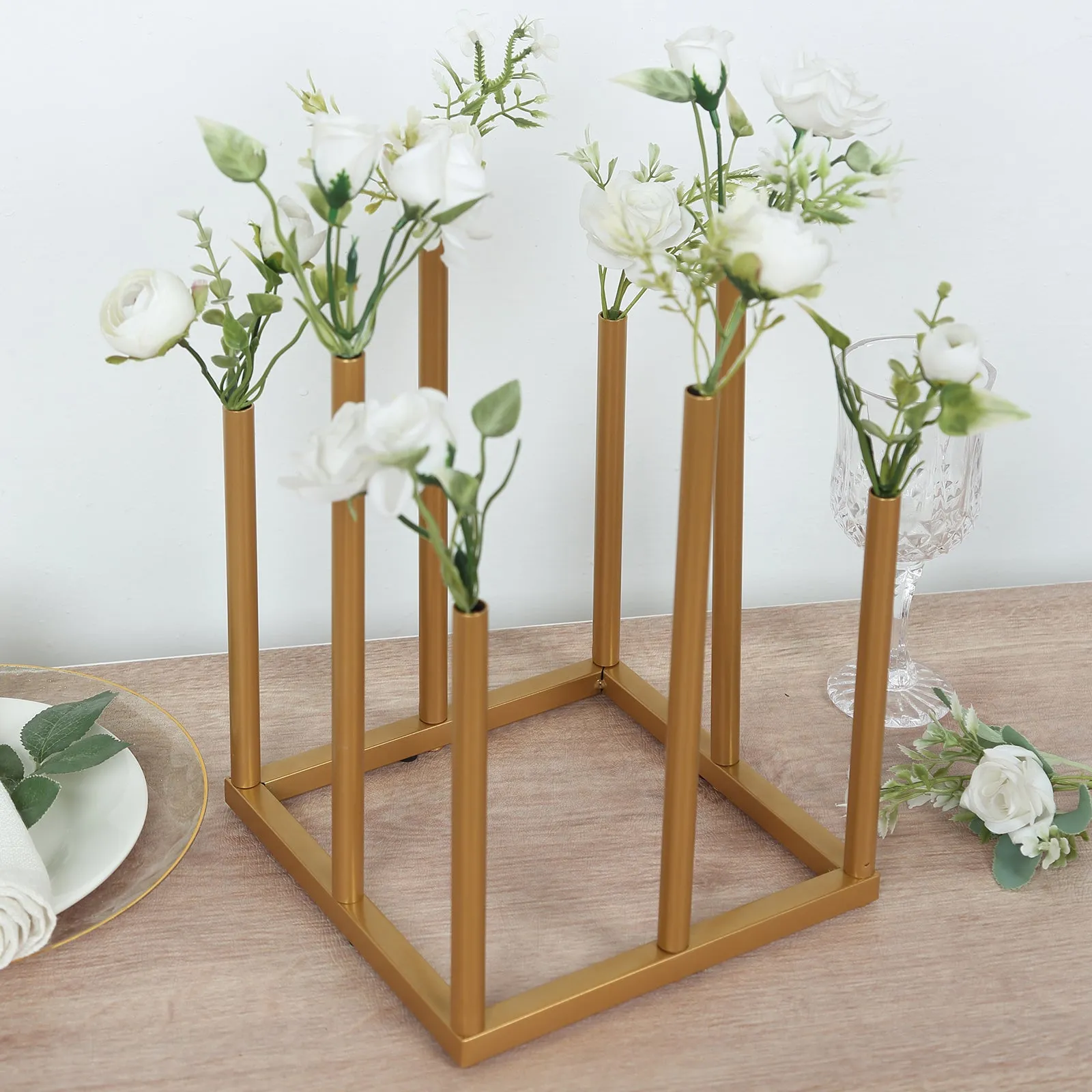 10" Gold Metal 8-Tubes Single Stemmed Flower Vase Centerpiece with Hollow Square Base, Minimalist Style Bud Vase For Floral Arrangements