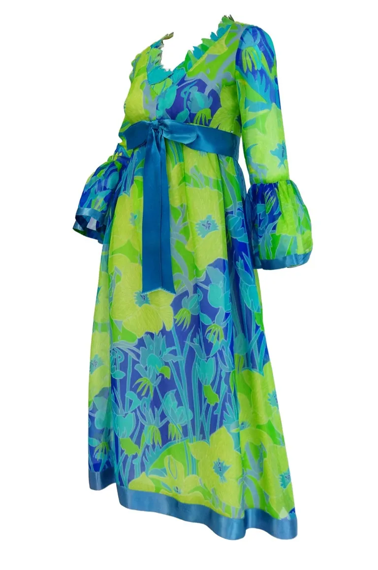 1960s Mollie Parnis Blue and Green Floral Chiffon Maxi Dress
