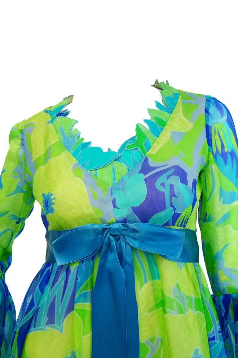 1960s Mollie Parnis Blue and Green Floral Chiffon Maxi Dress