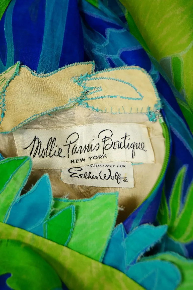 1960s Mollie Parnis Blue and Green Floral Chiffon Maxi Dress