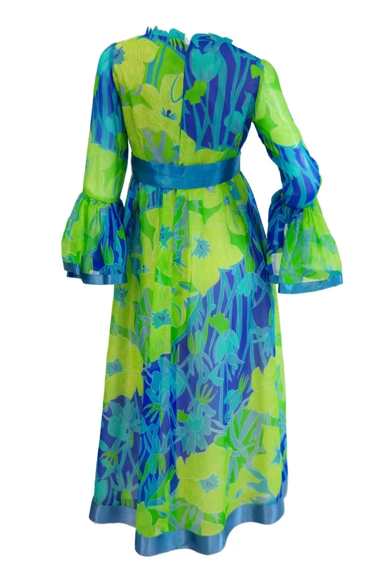 1960s Mollie Parnis Blue and Green Floral Chiffon Maxi Dress