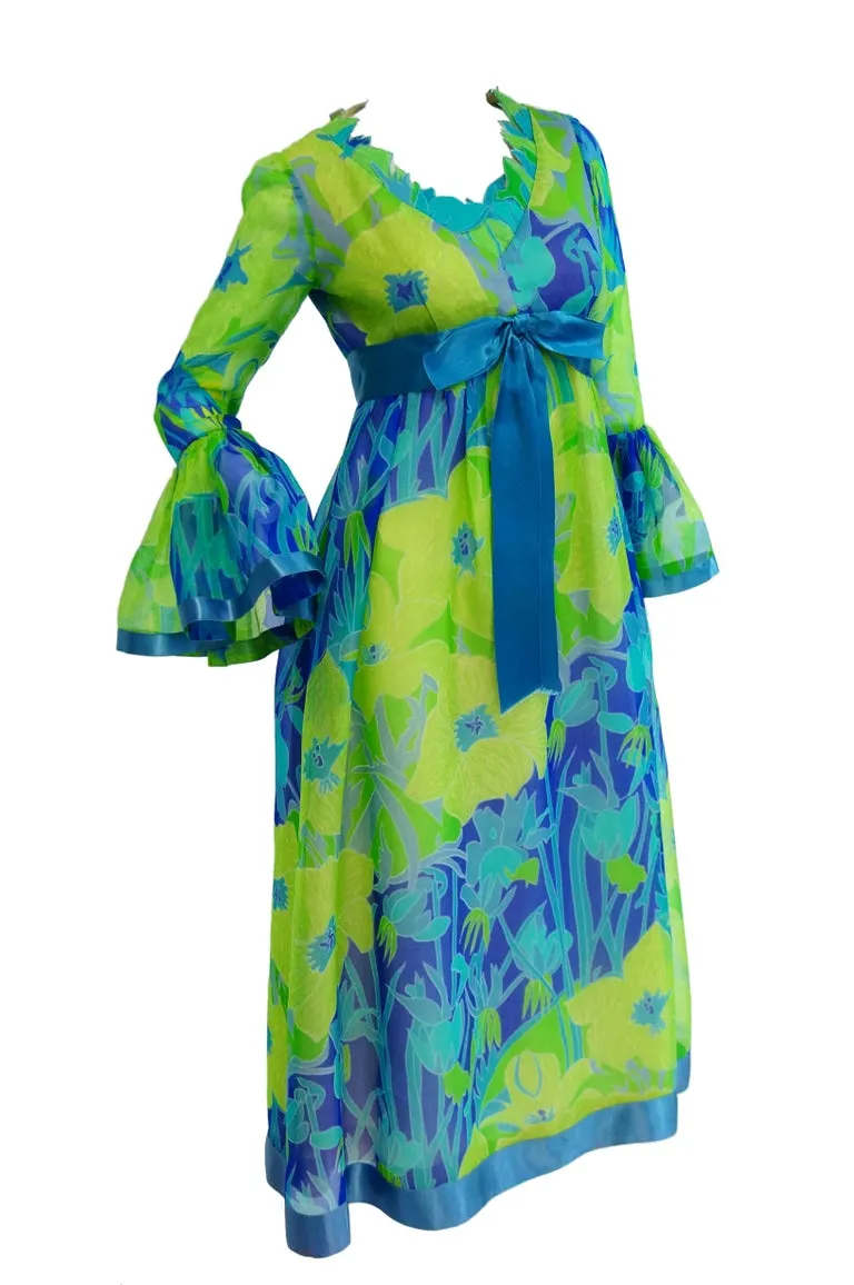 1960s Mollie Parnis Blue and Green Floral Chiffon Maxi Dress