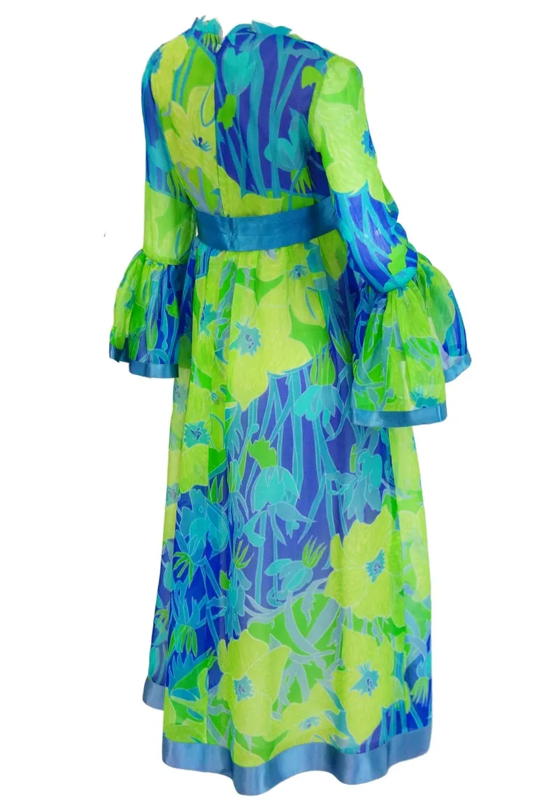 1960s Mollie Parnis Blue and Green Floral Chiffon Maxi Dress