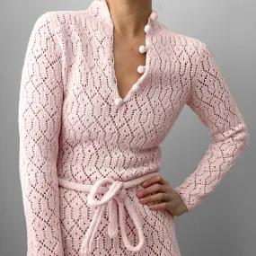 1960s Soft-Pink Button Collar Long-Sleeve Midi-Length Knit Dress