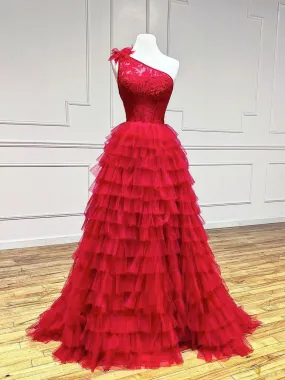 A-Line One Shoulder Lace Tulle Burgundy Long Prom Dresses, Burgundy Formal Dresses