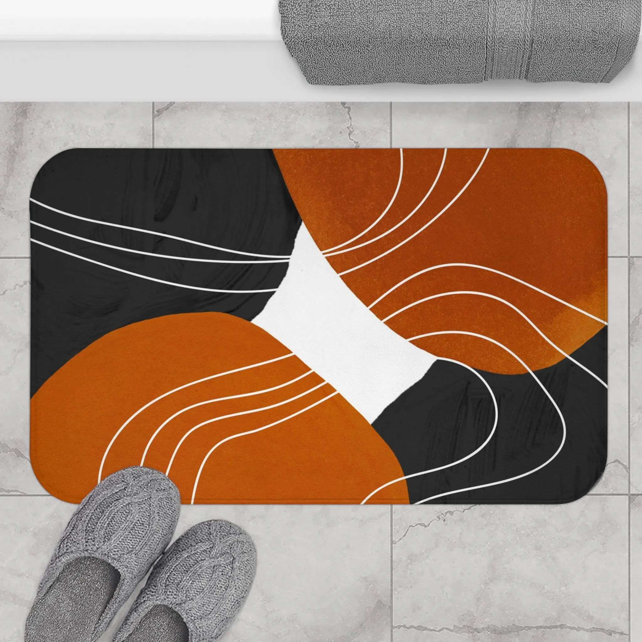 Abstract Bath, Kitchen Mat, Rug | Burnt Orange, Black White