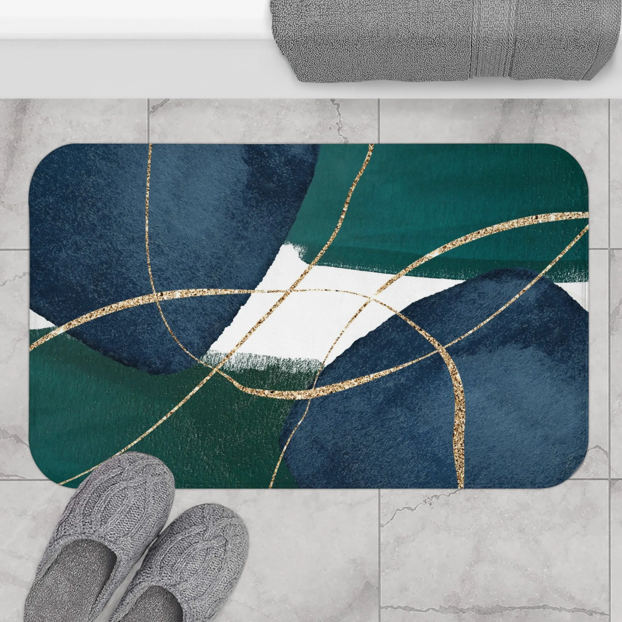 Abstract Bath, Kitchen Mat, Rug | Dark Green, Navy Blue Beige