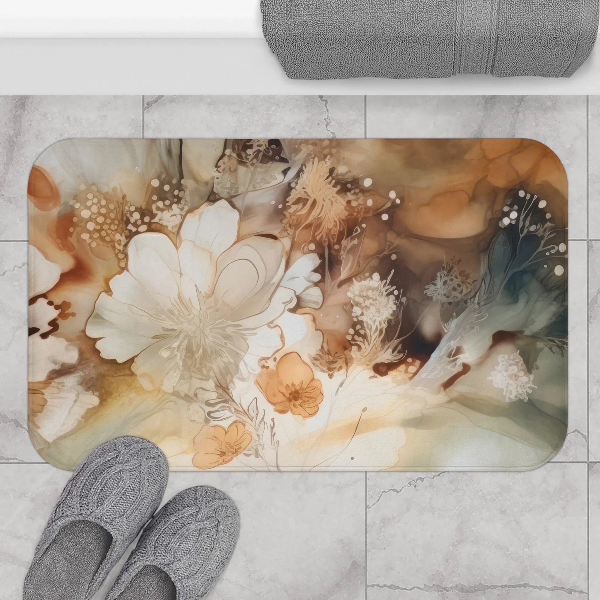 Abstract Bath, Kitchen Mat, Rug | Neutral Rust Ombre Liquid Alcohol Ink