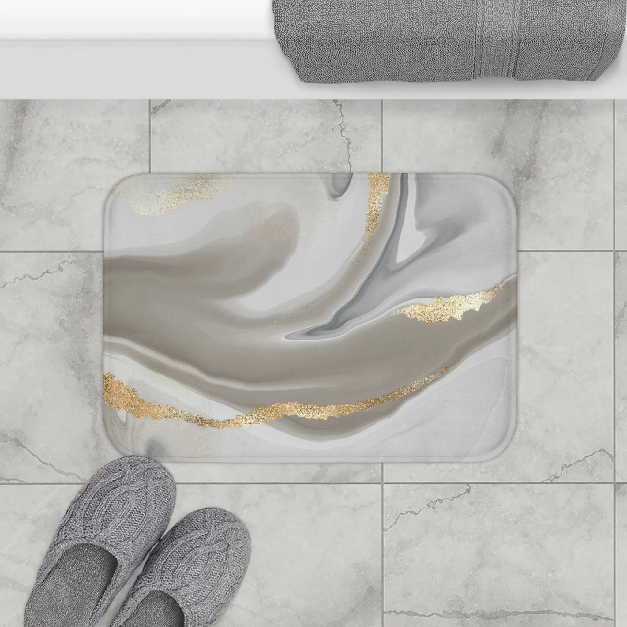 Abstract Boho Bath, Kitchen Mat | Gray Beige White Ombre