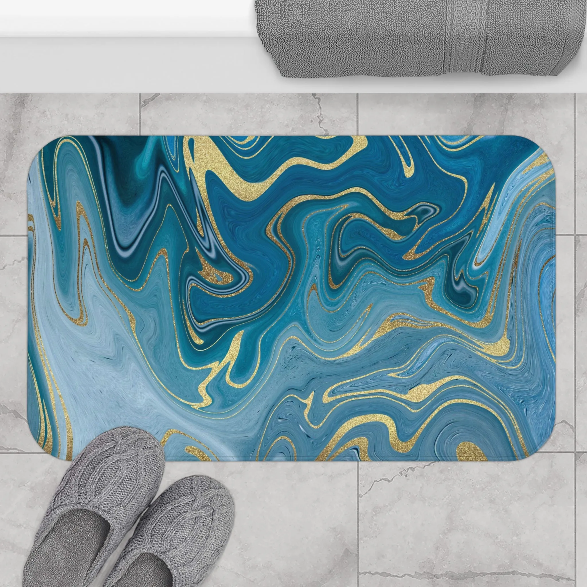 Abstract Boho Bath, Kitchen Mat, Rug | Navy Blue Ombre Marble Print