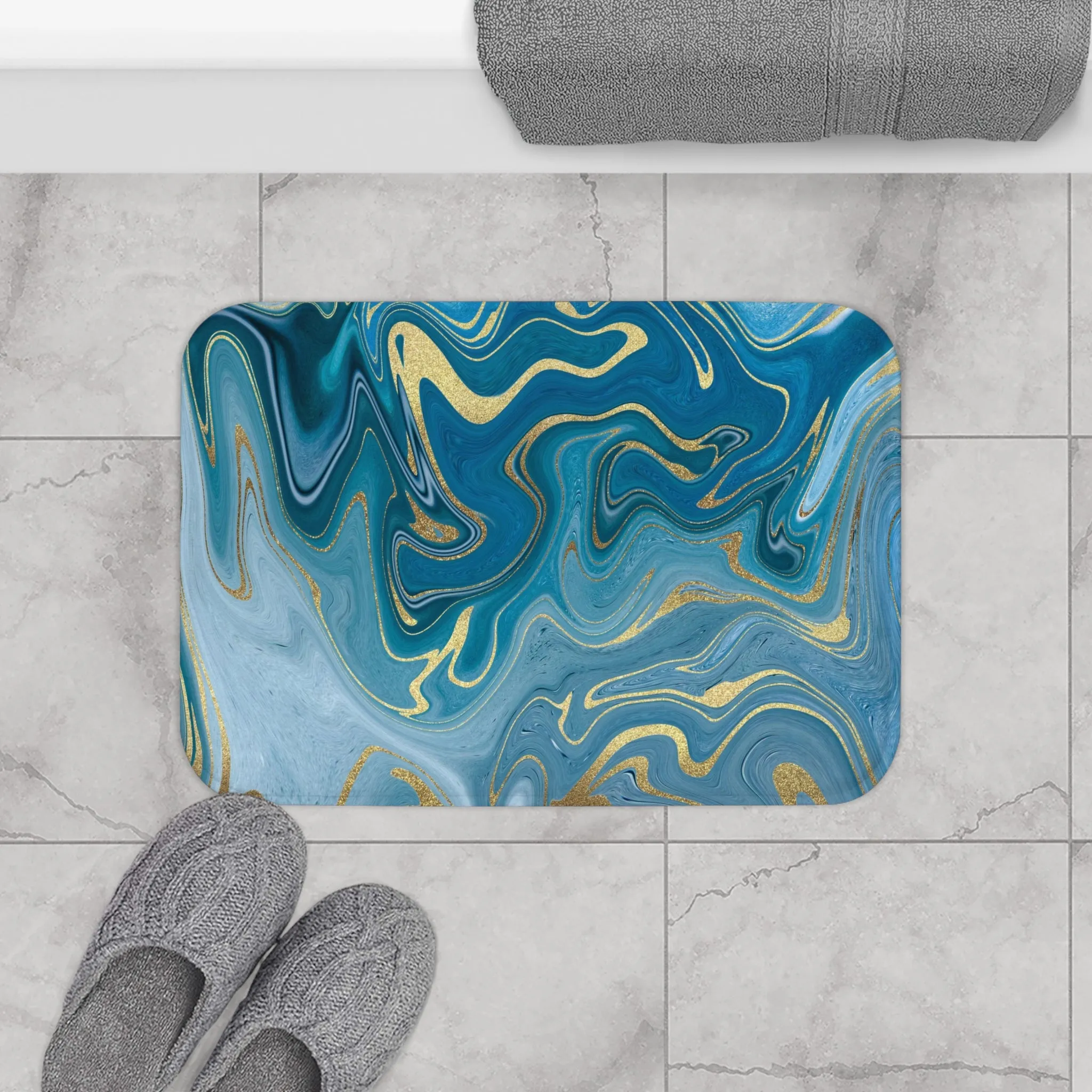 Abstract Boho Bath, Kitchen Mat, Rug | Navy Blue Ombre Marble Print