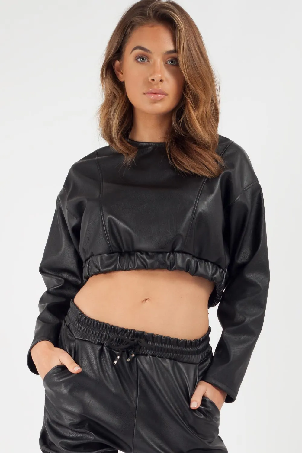 Black PU Long Sleeve Crop Top