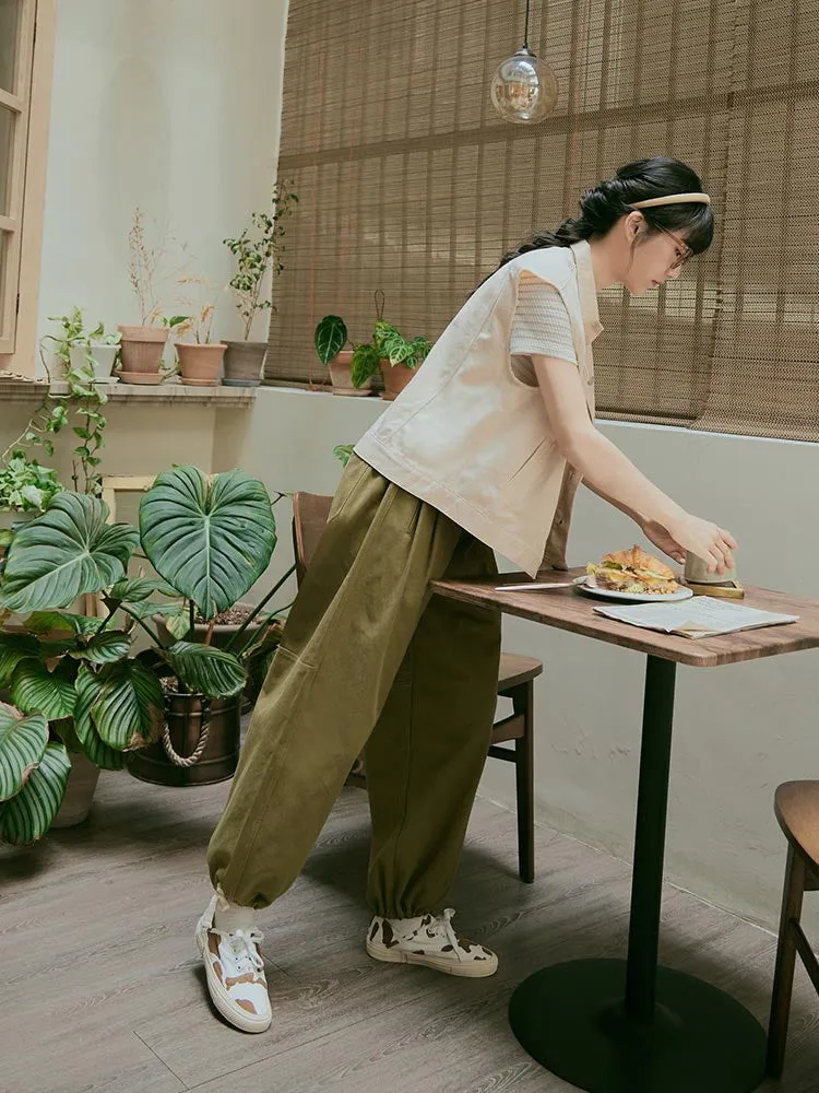 Casual Loose Fit Multi-Pocket Pleated Drawstring Cuff Harem Pants
