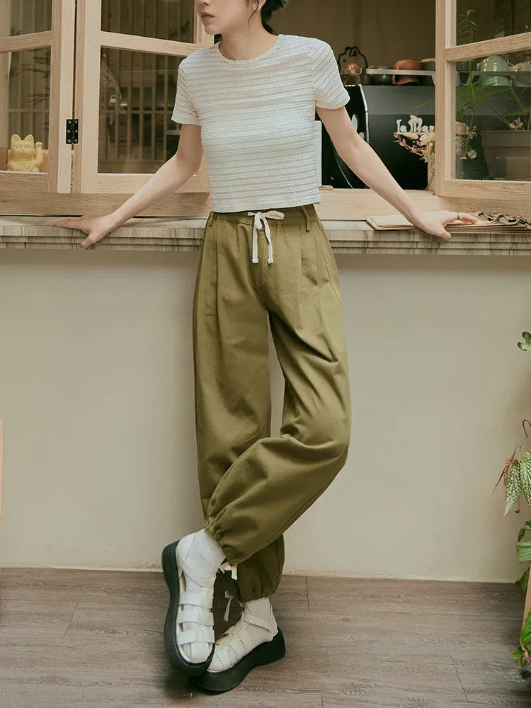 Casual Loose Fit Multi-Pocket Pleated Drawstring Cuff Harem Pants