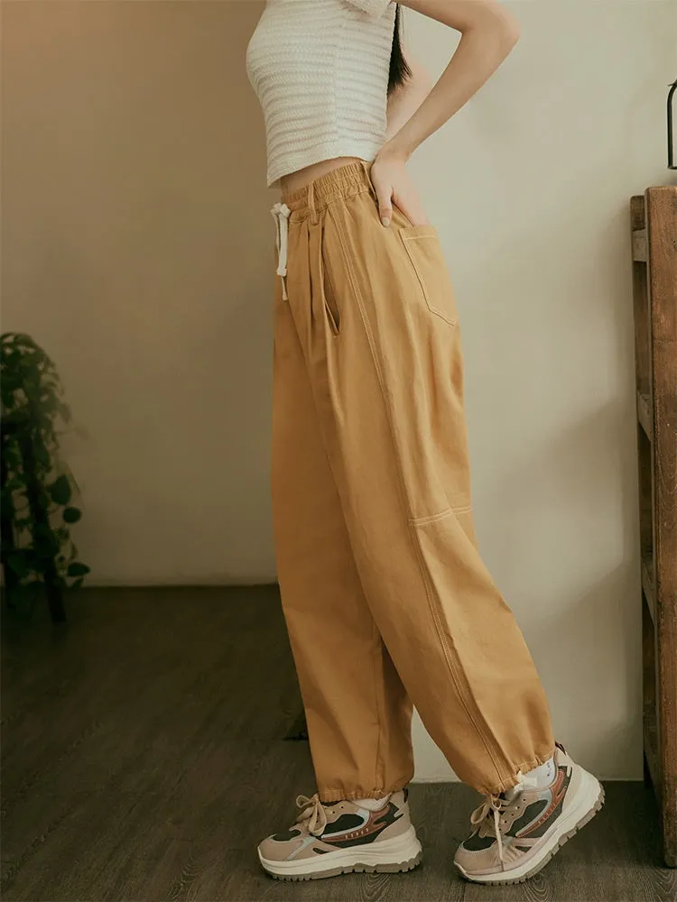 Casual Loose Fit Multi-Pocket Pleated Drawstring Cuff Harem Pants