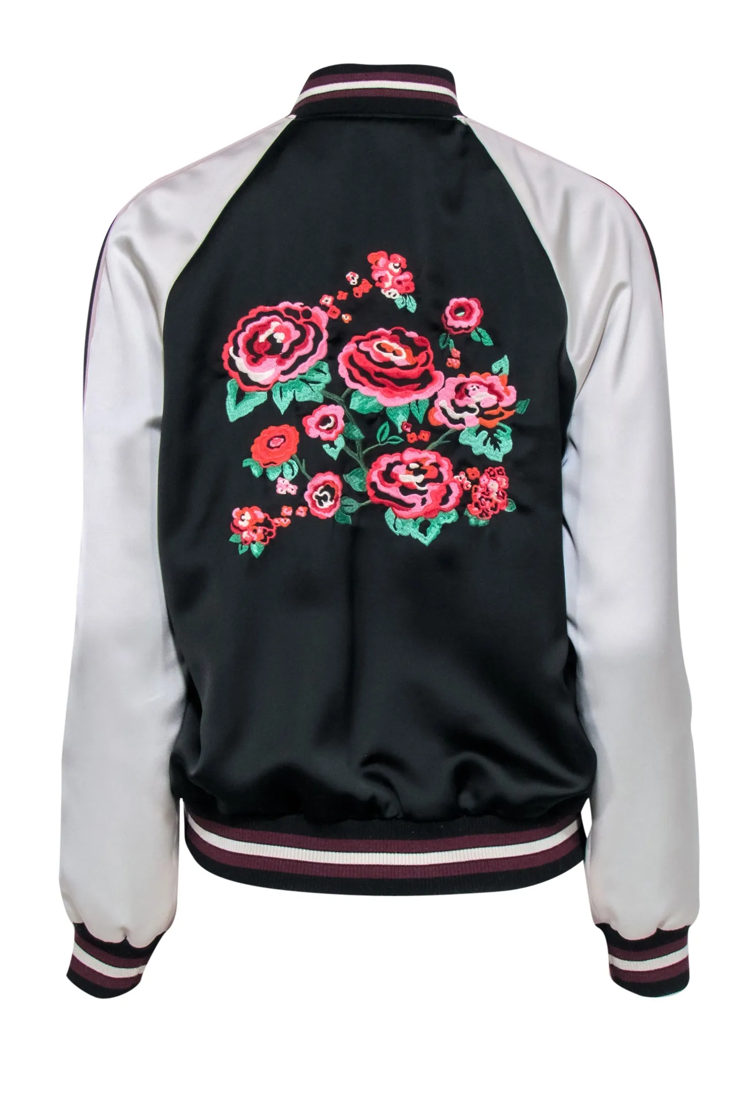 Coach - Black & White Satin Bomber Jacket w/ Floral Embroidery Sz M