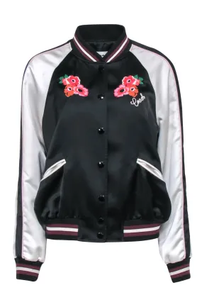 Coach - Black & White Satin Bomber Jacket w/ Floral Embroidery Sz M