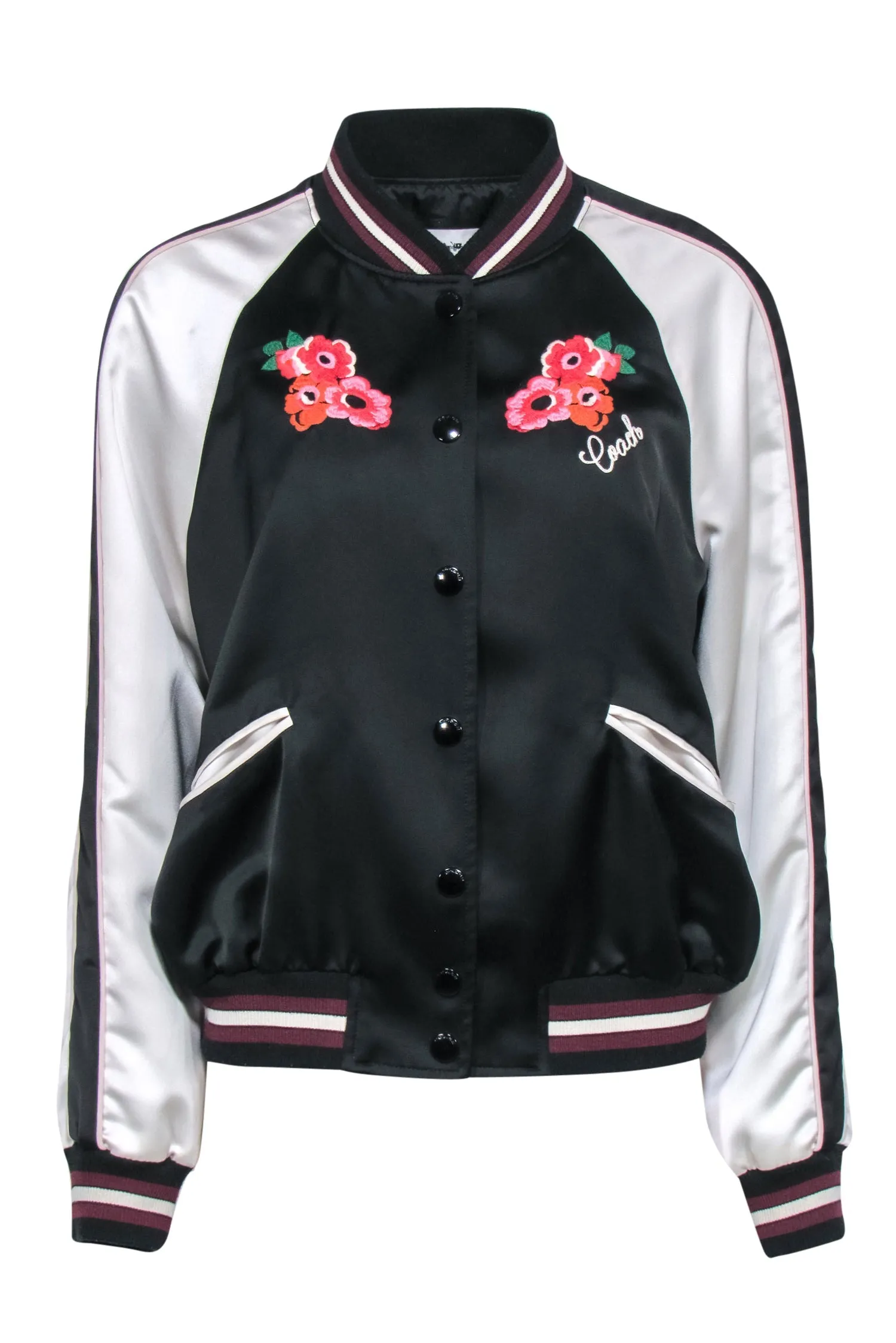Coach - Black & White Satin Bomber Jacket w/ Floral Embroidery Sz M
