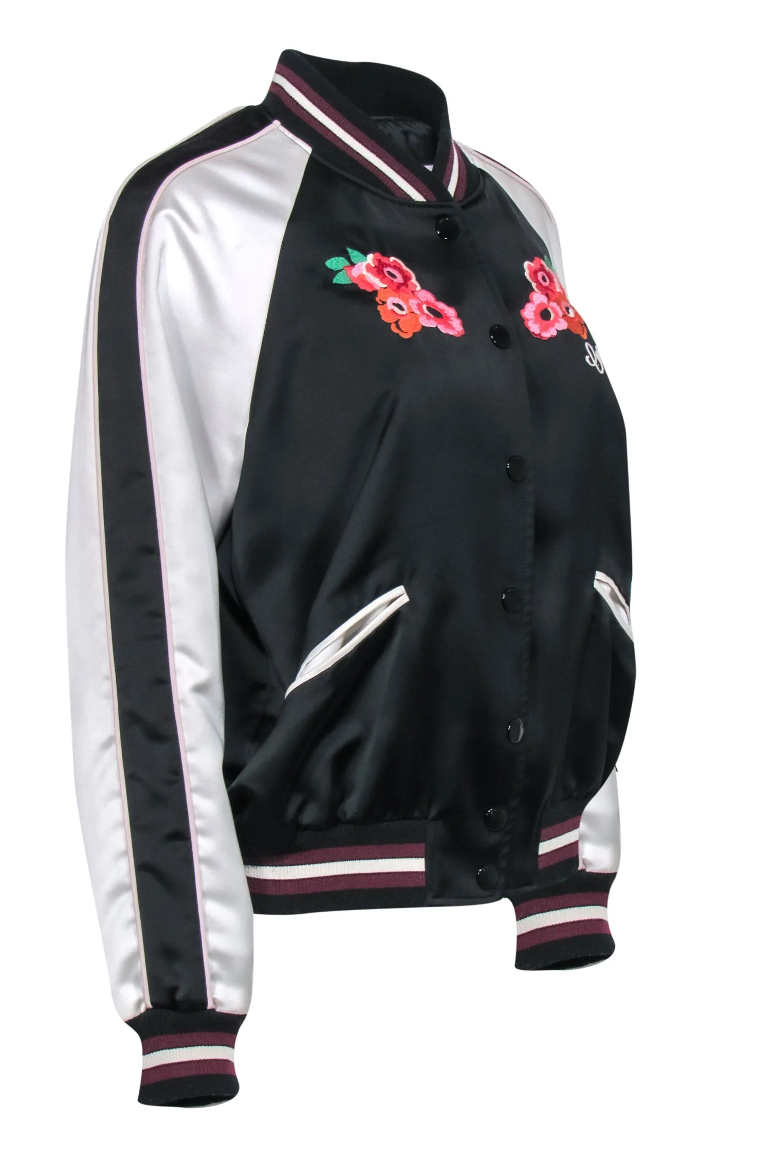 Coach - Black & White Satin Bomber Jacket w/ Floral Embroidery Sz M