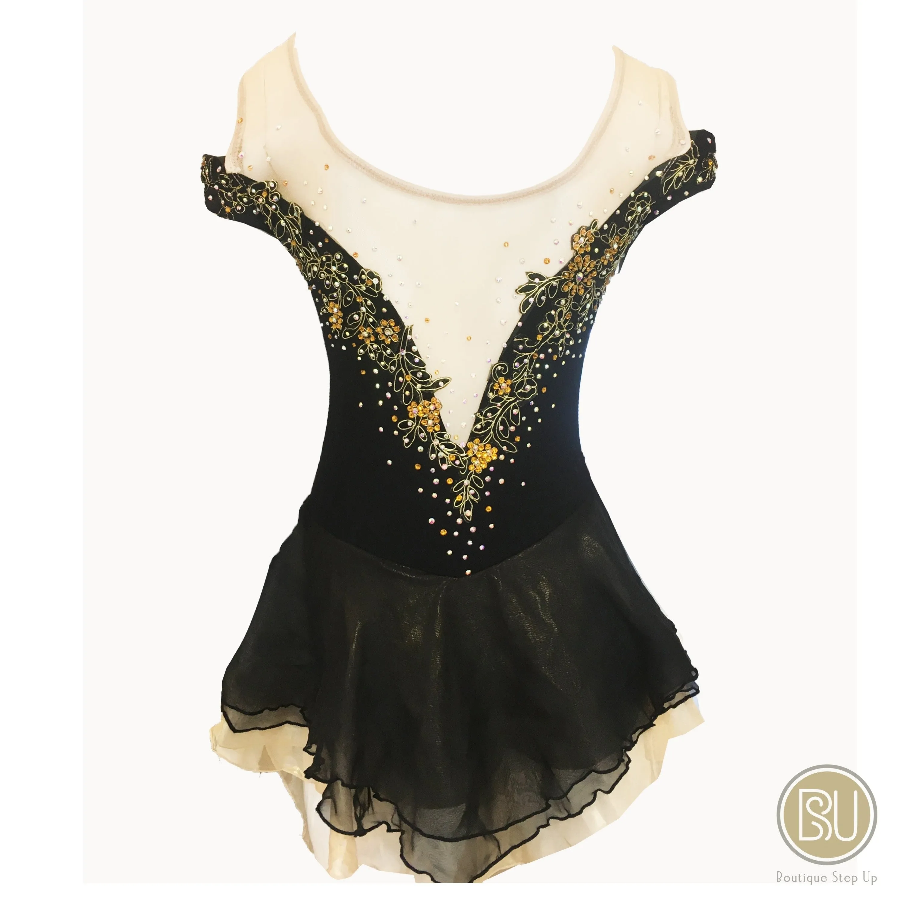 Competition Figure Skating Dress Assymetrical Skirt Off Shoulder Black Gold BSU2682.14
