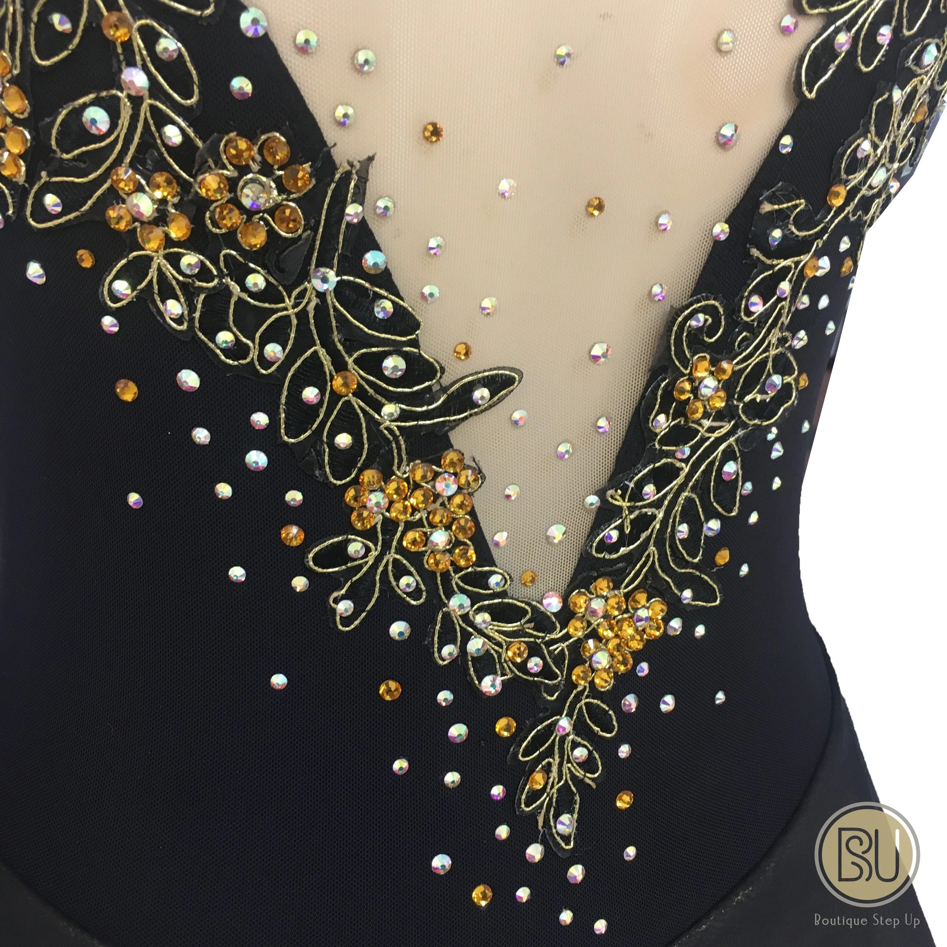 Competition Figure Skating Dress Assymetrical Skirt Off Shoulder Black Gold BSU2682.14