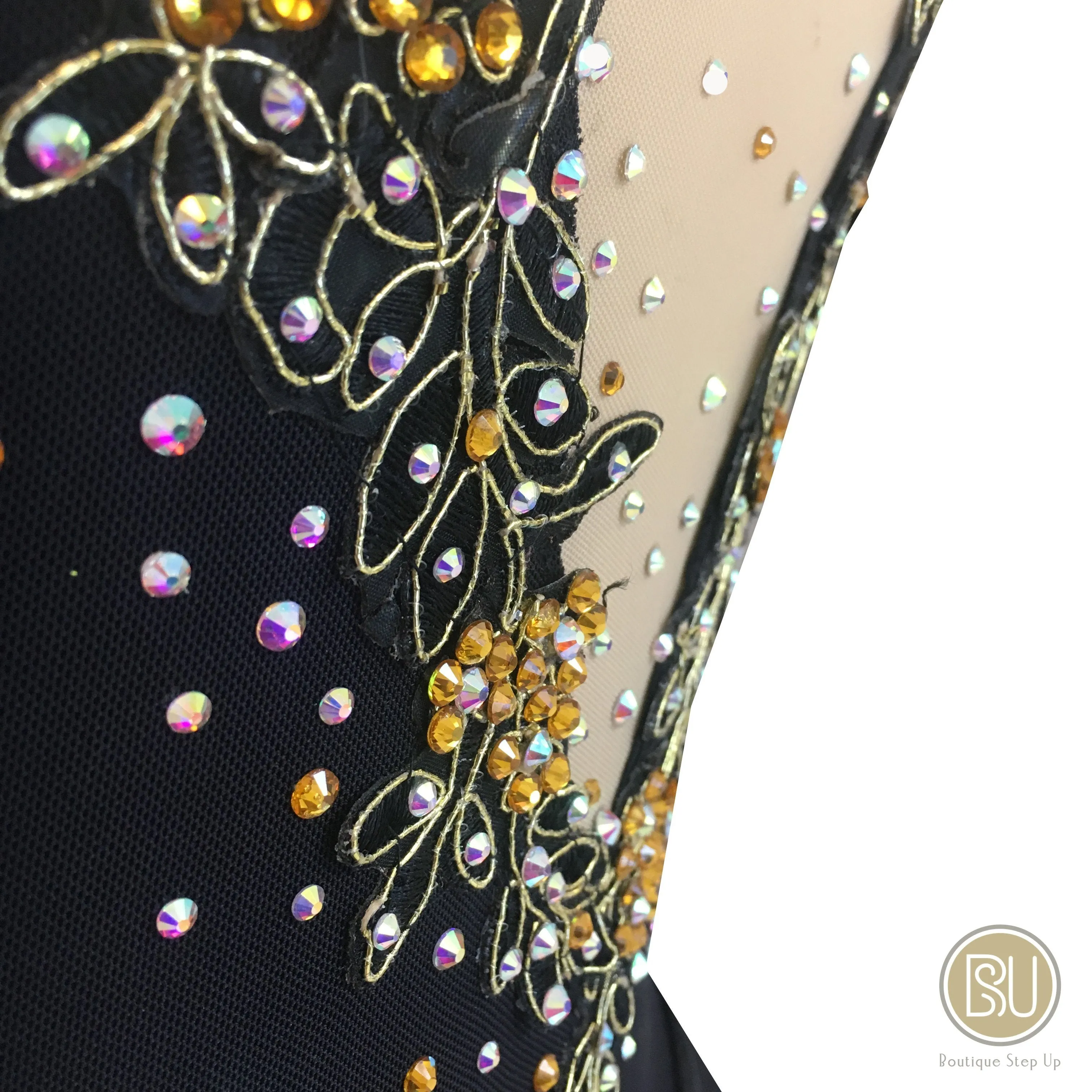 Competition Figure Skating Dress Assymetrical Skirt Off Shoulder Black Gold BSU2682.14