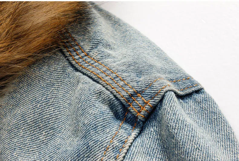 Denim Jacket with Fur Collar Retro Ripped Fleece Jeans Man
