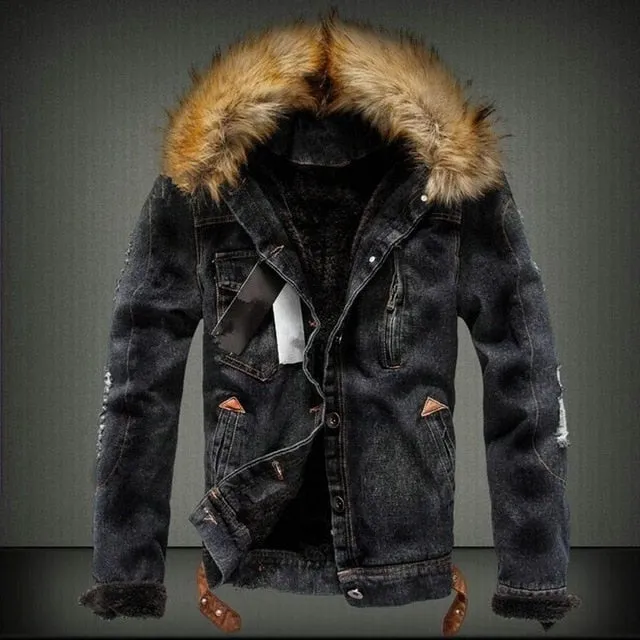 Denim Jacket with Fur Collar Retro Ripped Fleece Jeans Man