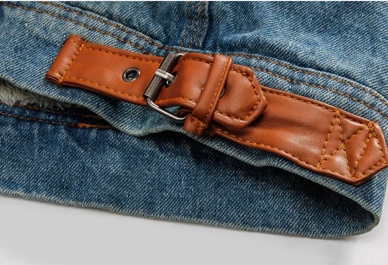 Denim Jacket with Fur Collar Retro Ripped Fleece Jeans Man