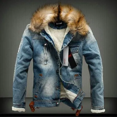 Denim Jacket with Fur Collar Retro Ripped Fleece Jeans Man