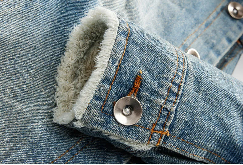 Denim Jacket with Fur Collar Retro Ripped Fleece Jeans Man