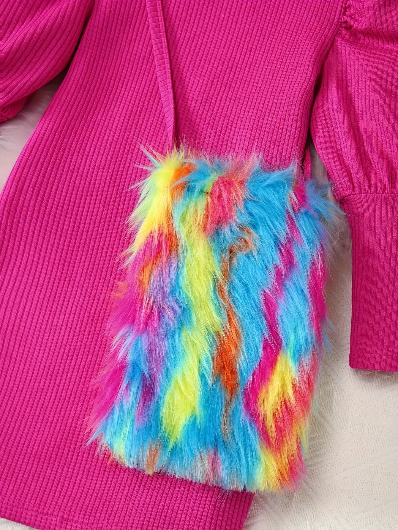 Elegant Long Sleeve Knit Girls Dress with Stand Collar and Contrast Faux Fur Set for Kids - VIP DEALS