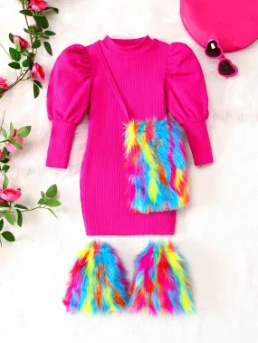 Elegant Long Sleeve Knit Girls Dress with Stand Collar and Contrast Faux Fur Set for Kids - VIP DEALS