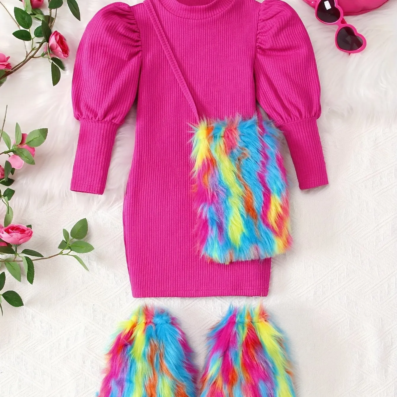 Elegant Long Sleeve Knit Girls Dress with Stand Collar and Contrast Faux Fur Set for Kids - VIP DEALS