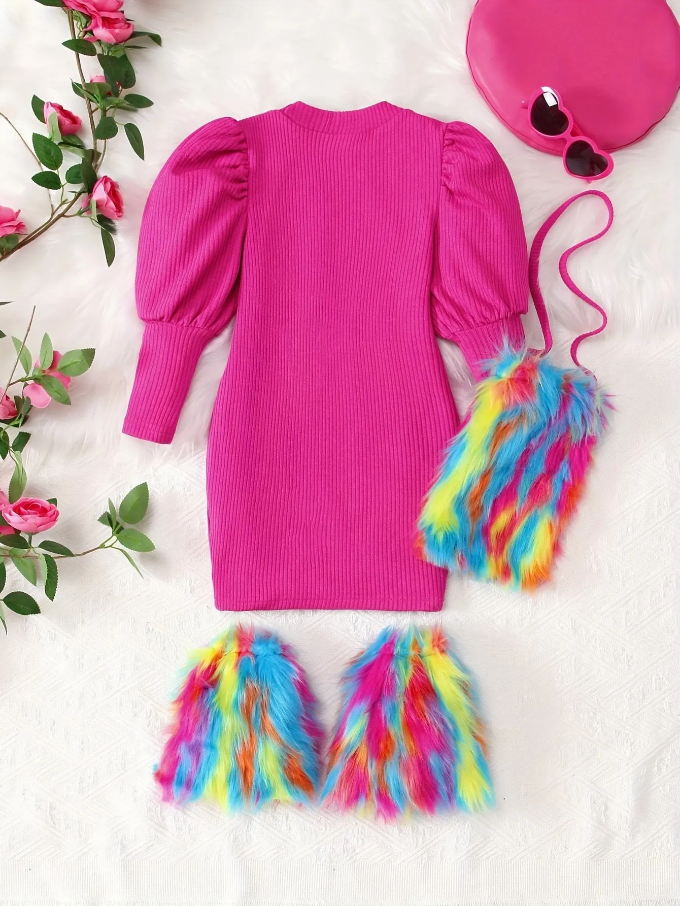 Elegant Long Sleeve Knit Girls Dress with Stand Collar and Contrast Faux Fur Set for Kids - VIP DEALS