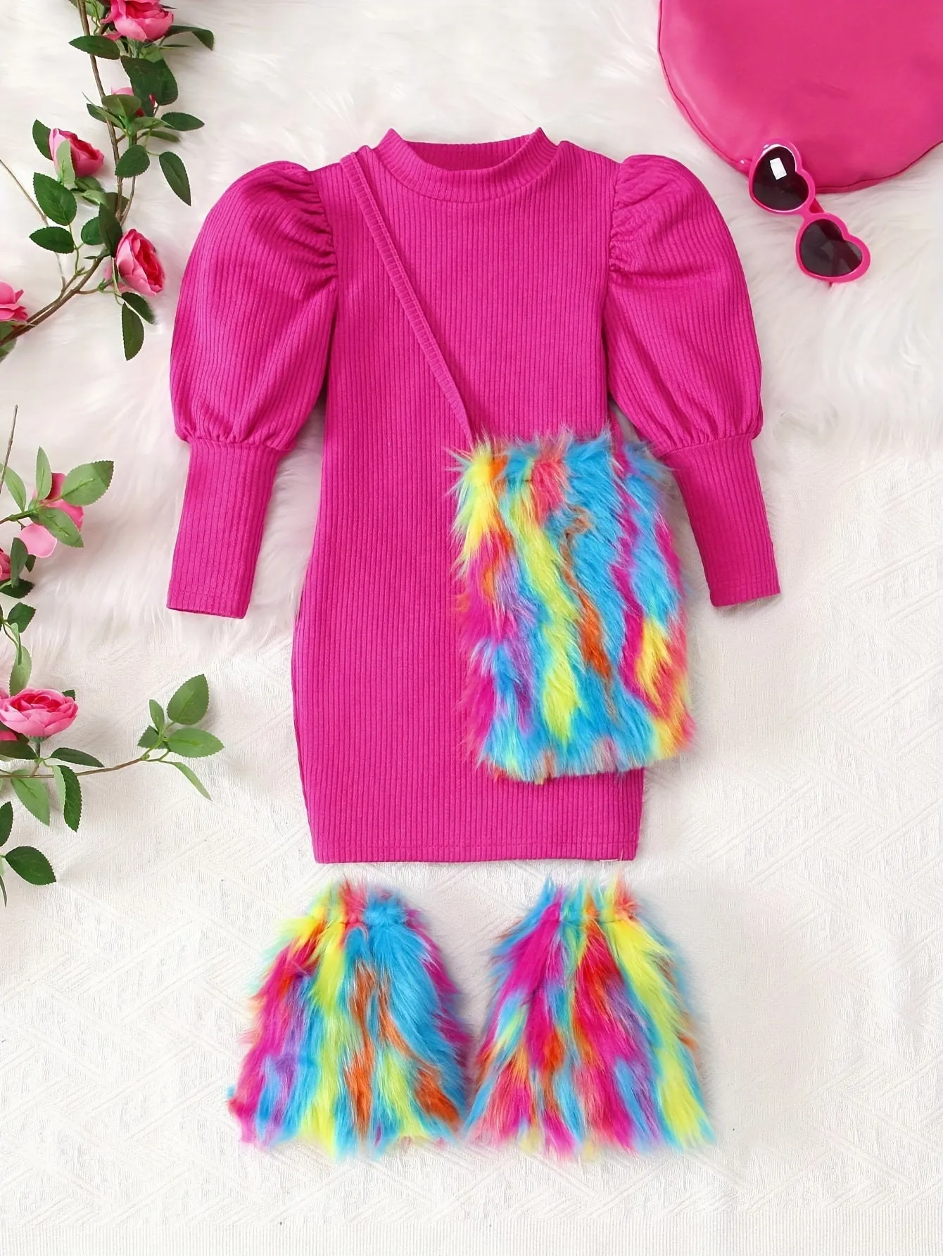 Elegant Long Sleeve Knit Girls Dress with Stand Collar and Contrast Faux Fur Set for Kids - VIP DEALS