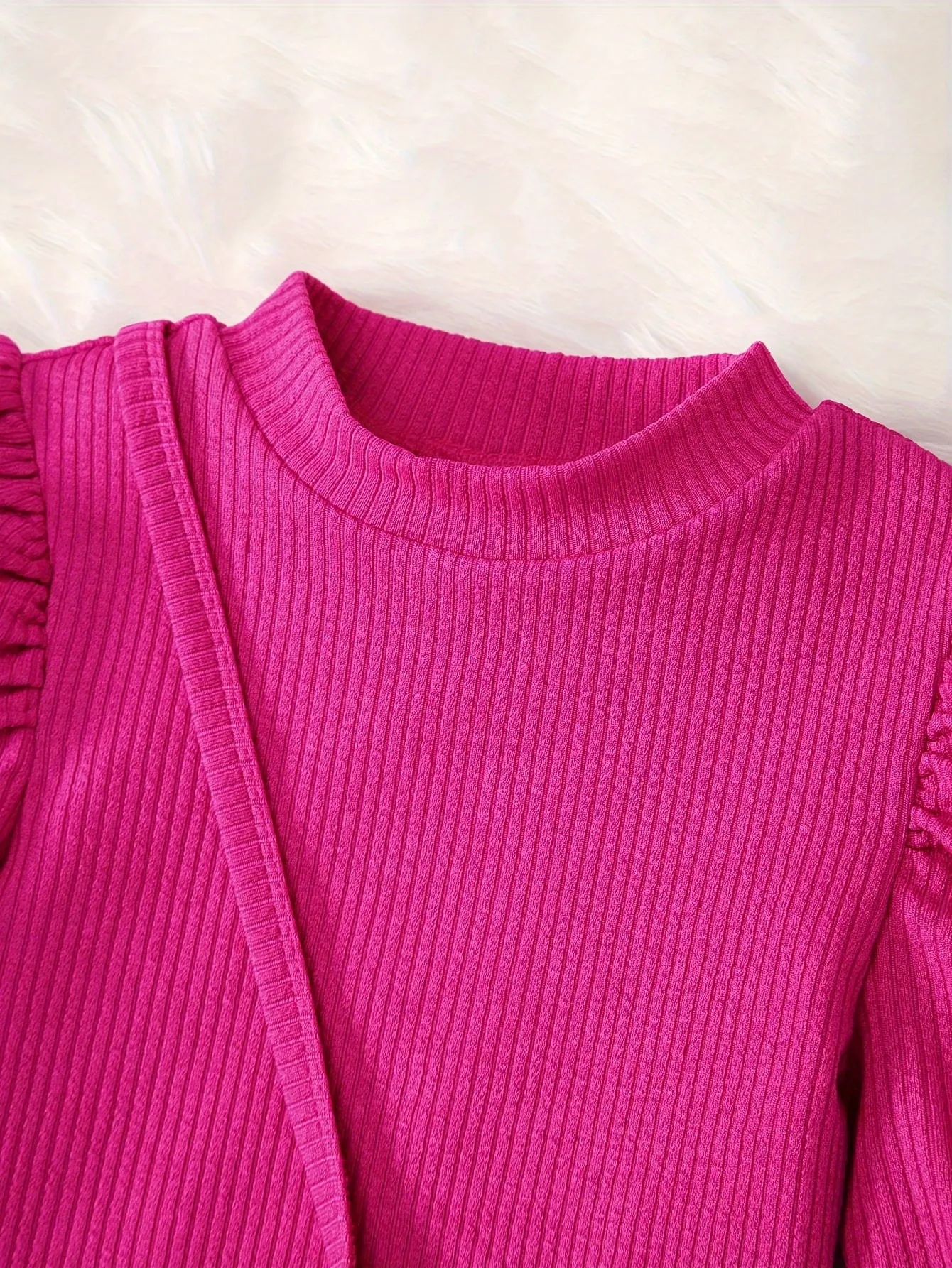 Elegant Long Sleeve Knit Girls Dress with Stand Collar and Contrast Faux Fur Set for Kids - VIP DEALS