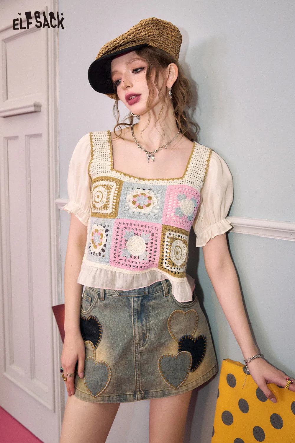 ELFSACK 2024 summer new arrival picnic travel vacation holiday soft comfortable fitted casual square collar Chiffon panels, square neck, crochet knit, new puff sleeve cropped top plaid design