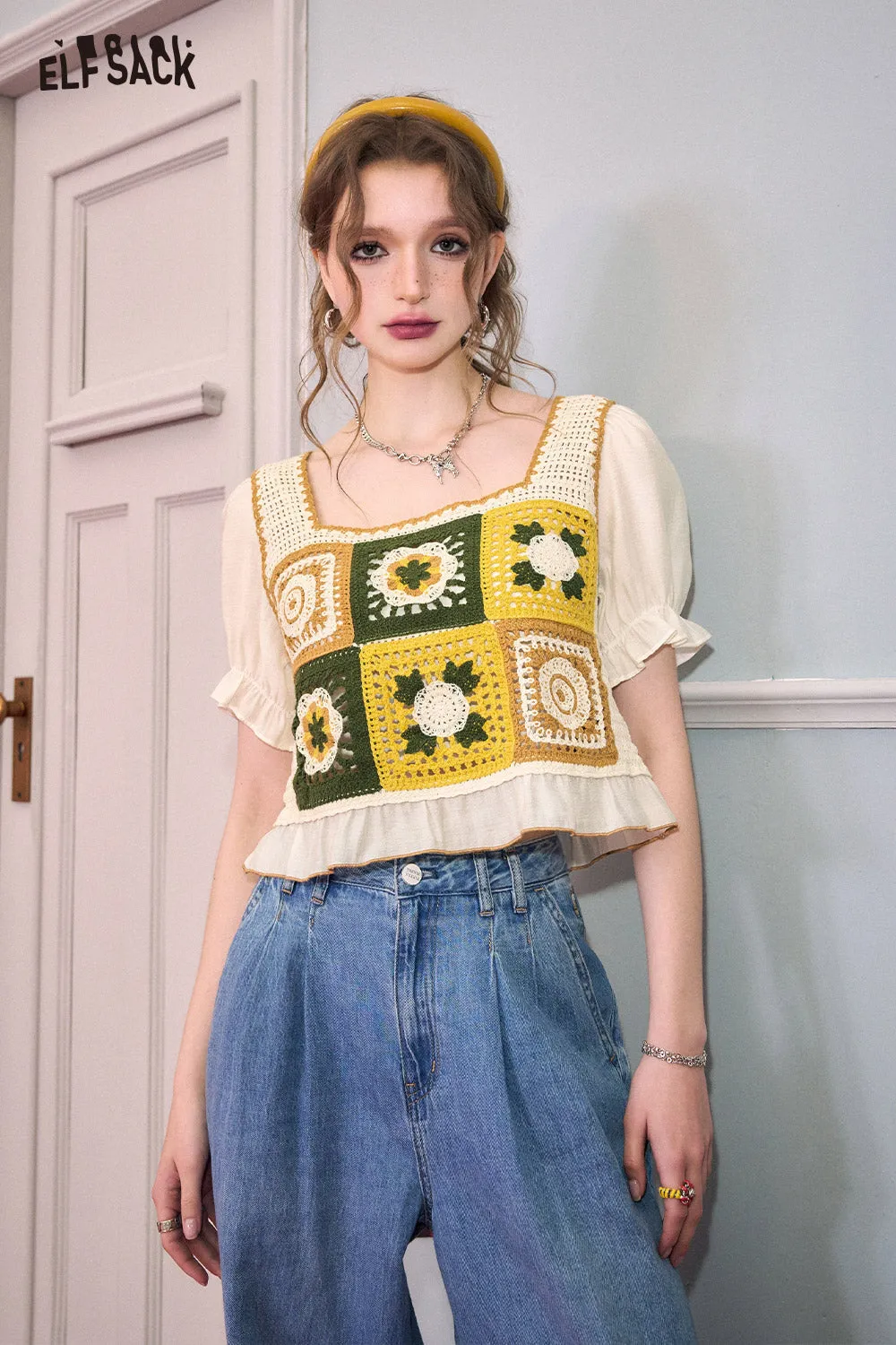 ELFSACK 2024 summer new arrival picnic travel vacation holiday soft comfortable fitted casual square collar Chiffon panels, square neck, crochet knit, new puff sleeve cropped top plaid design