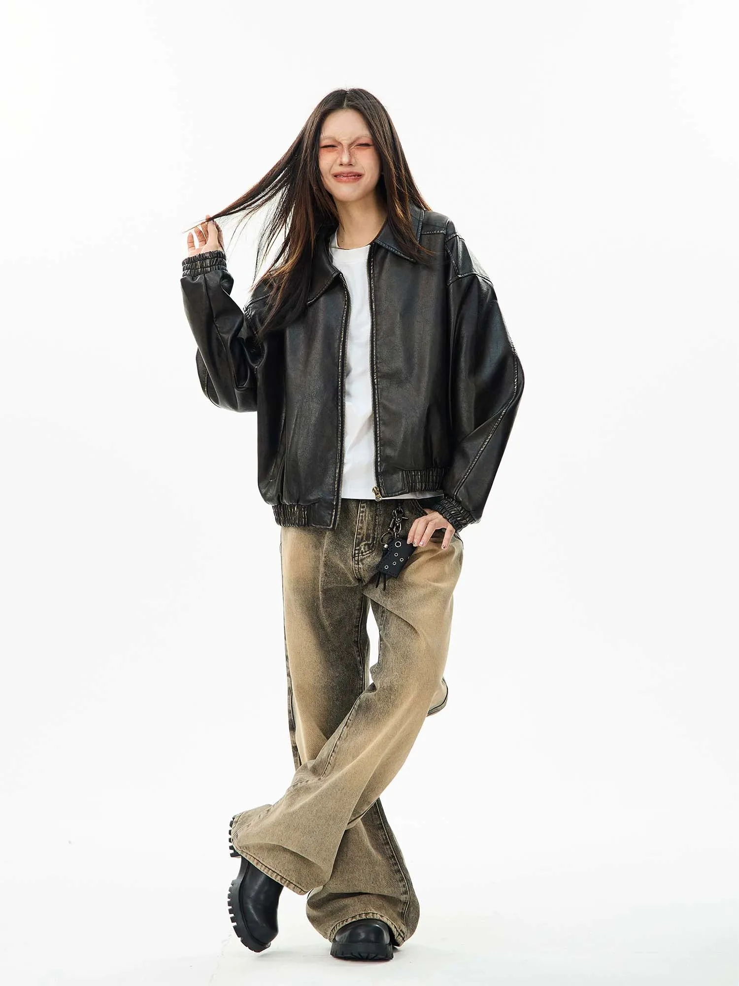 Faux Leather Bomber Jacket with Elastic Cuffs and Hem
