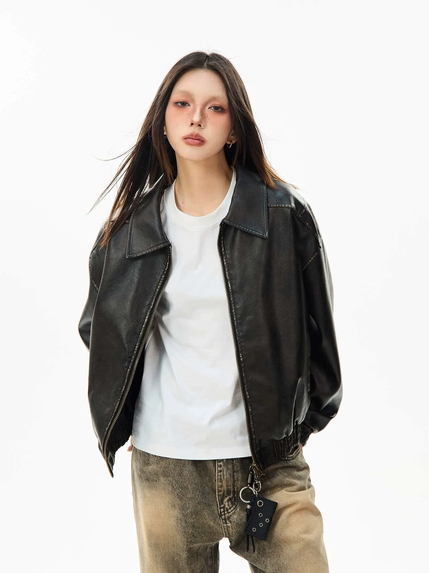 Faux Leather Bomber Jacket with Elastic Cuffs and Hem
