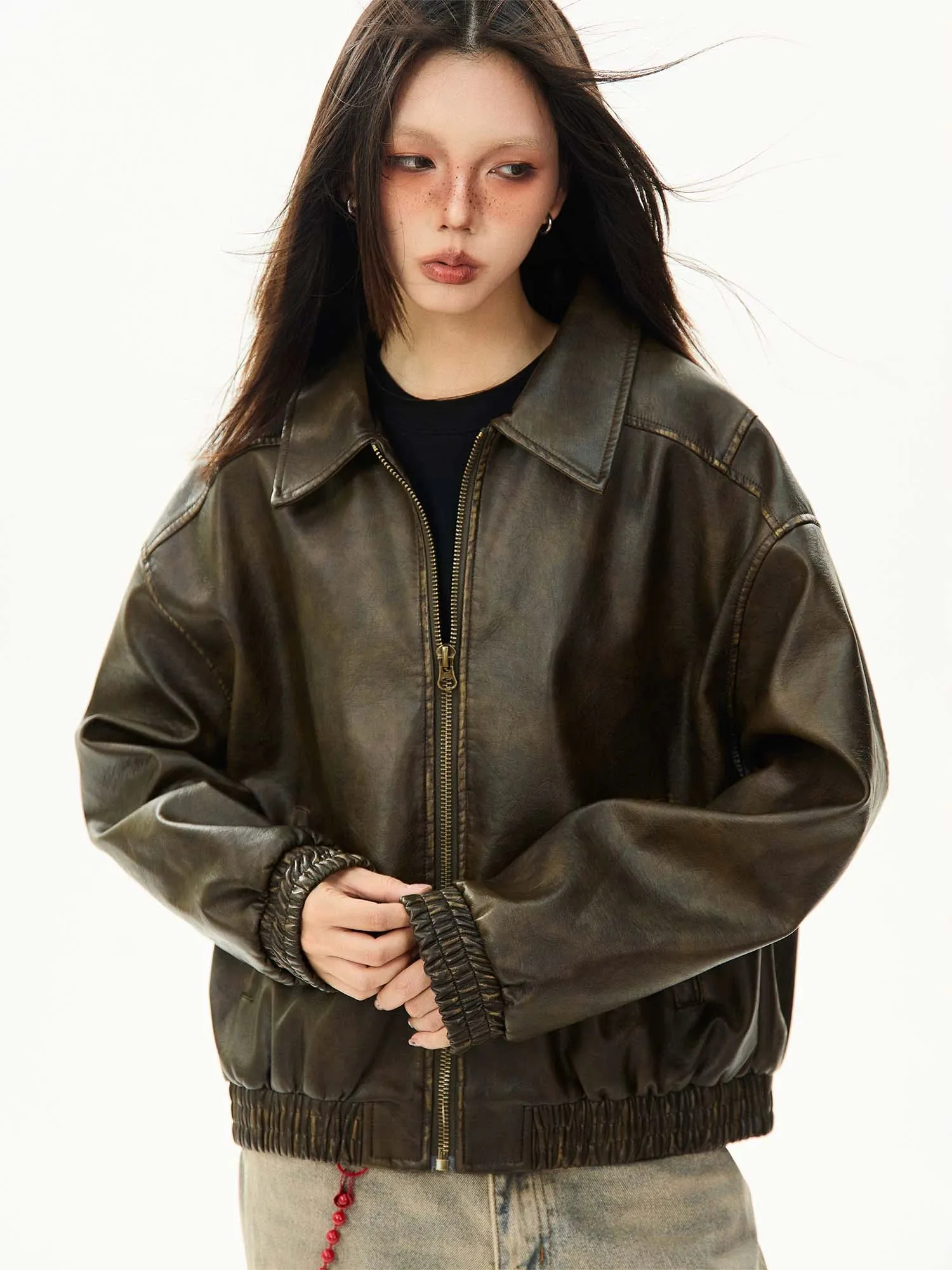 Faux Leather Bomber Jacket with Elastic Cuffs and Hem