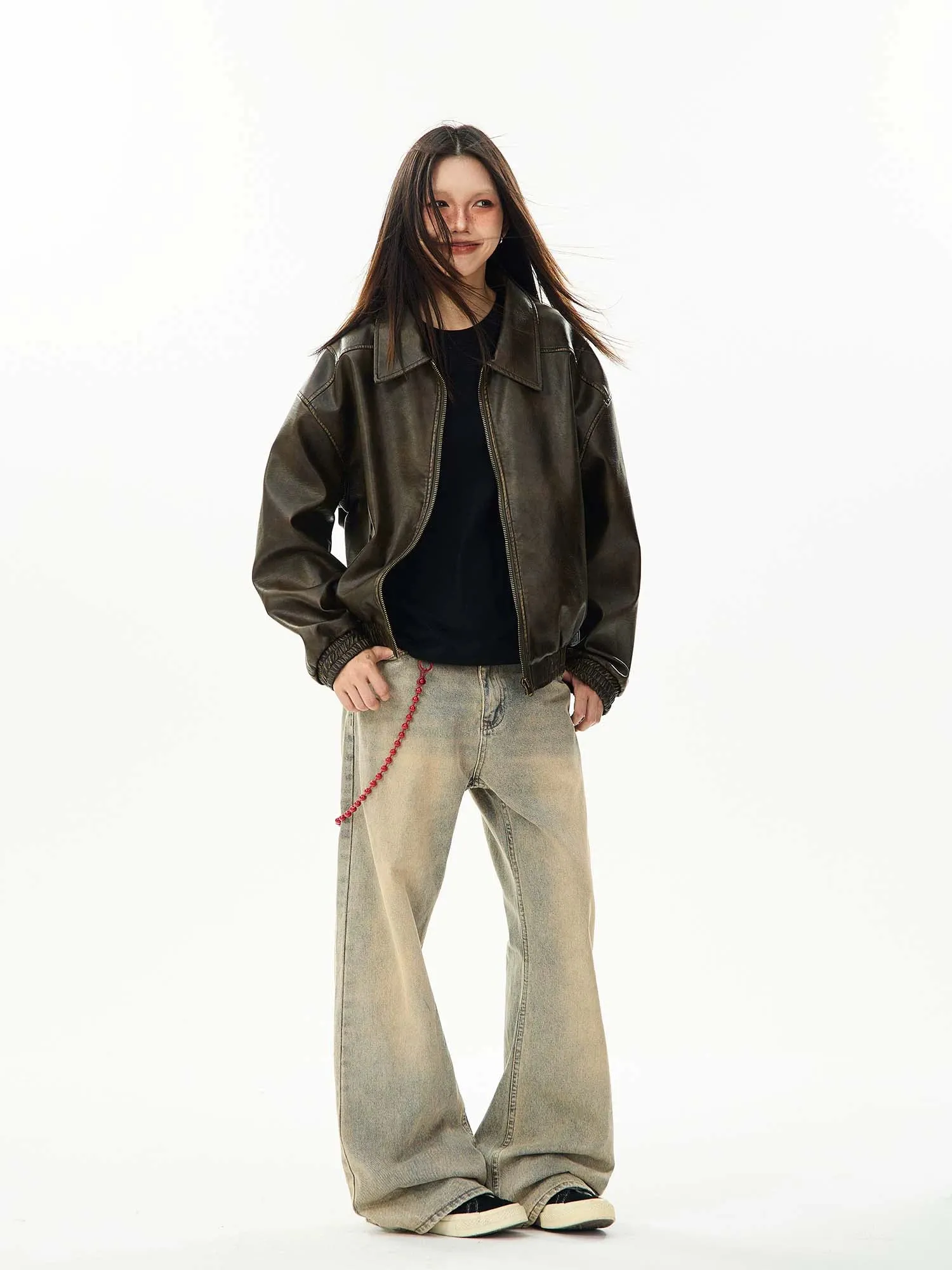 Faux Leather Bomber Jacket with Elastic Cuffs and Hem